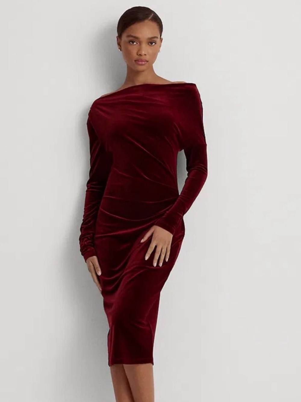 Lauren Ralph Lauren Velvet Long-Sleeve Burgundy Midi Dress